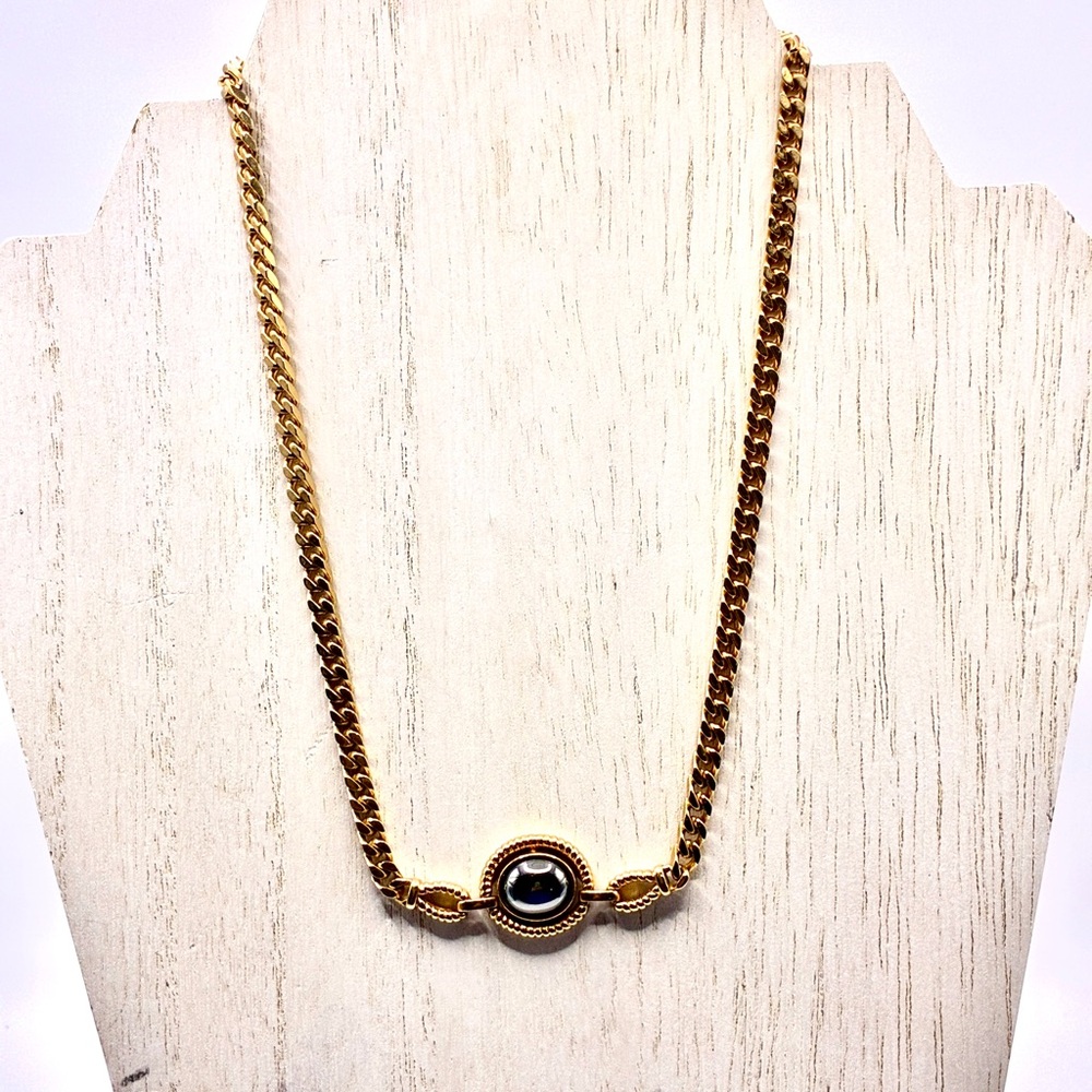 Vintage Louis Feraud Paris Hematite Oval Necklace in Gold Tone 16” Inches